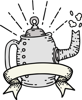 scroll banner with tattoo style old coffee pot steaming png
