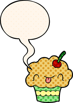 funny cartoon cupcake with speech bubble in comic book style png