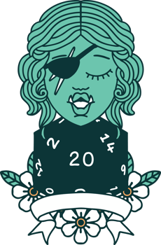 Retro Tattoo Style half orc rogue character with natural twenty dice roll png