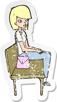 retro distressed sticker of a cartoon woman sitting on bench drawing png