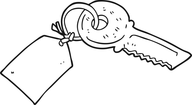 hand drawn black and white cartoon key with tag png