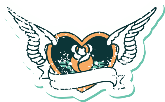 iconic distressed sticker tattoo style image of a flying heart with flowers and banner png
