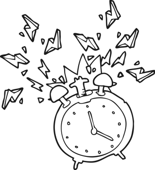 hand drawn black and white cartoon ringing alarm clock png