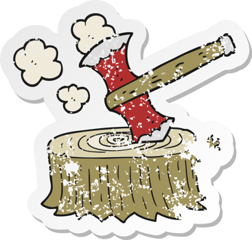 retro distressed sticker of a cartoon tree stump and axe png