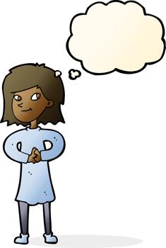 cartoon happy woman with thought bubble png