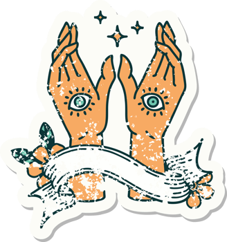 worn old sticker with banner of mystic hands png