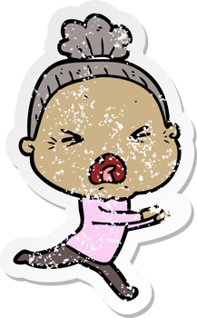 distressed sticker of a cartoon angry old woman png