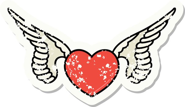 distressed sticker tattoo in traditional style of a heart with wings png