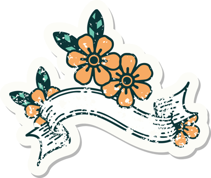 worn old sticker with banner of a flower png