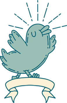 scroll banner with tattoo style happy bird png