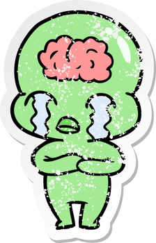 distressed sticker of a cartoon big brain alien crying png