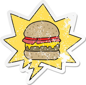 cartoon stacked burger with speech bubble distressed distressed old sticker png