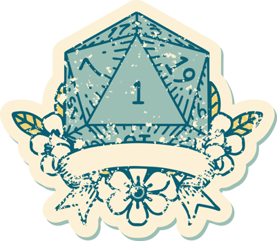 Retro Tattoo Style natural one d20 dice roll png