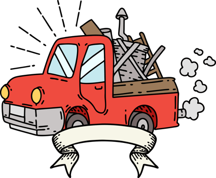 scroll banner with tattoo style truck carrying junk png