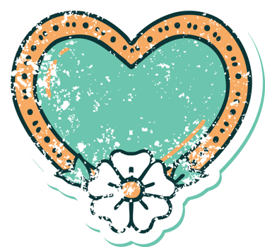 iconic distressed sticker tattoo style image of a heart and flower png