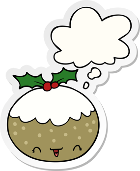 cute cartoon christmas pudding with thought bubble as a printed sticker png