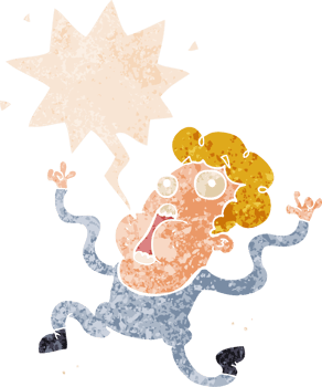 cartoon terrified man with speech bubble in grunge distressed retro textured style png