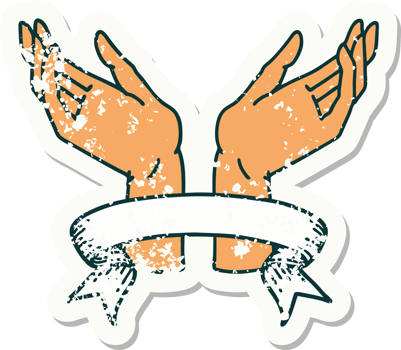 worn old sticker with banner of open hands png
