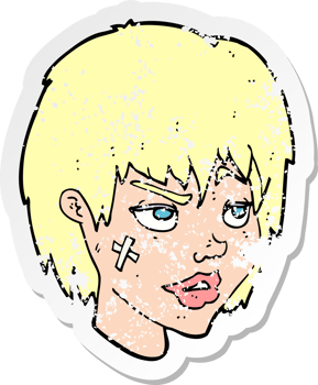 retro distressed sticker of a cartoon woman with plaster on face drawing png