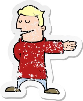 retro distressed sticker of a cartoon man gesturing direction drawing png