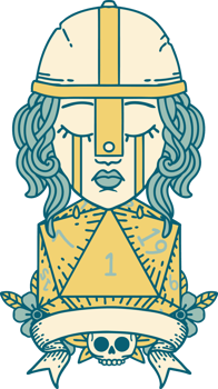 Retro Tattoo Style crying human fighter with natural one D20 dice png
