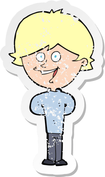 retro distressed sticker of a cartoon happy boy drawing png