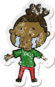distressed sticker of a cartoon crying woman png