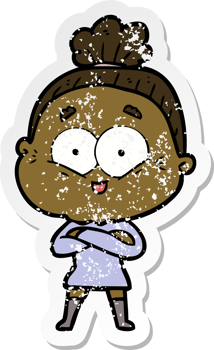 distressed sticker of a cartoon happy old woman png