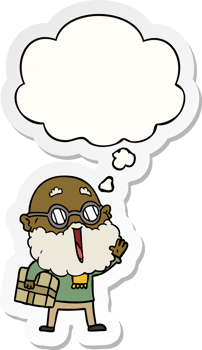cartoon joyful man with beard and parcel under arm with thought bubble as a printed sticker png