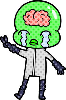 cartoon big brain alien crying and giving peace sign png