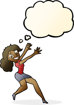 cartoon happy woman jumping with thought bubble png