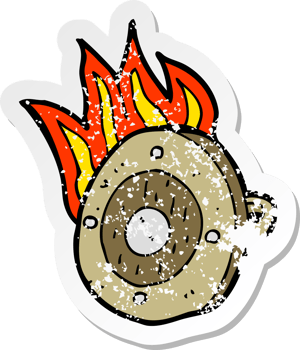 retro distressed sticker of a cartoon burning shield png