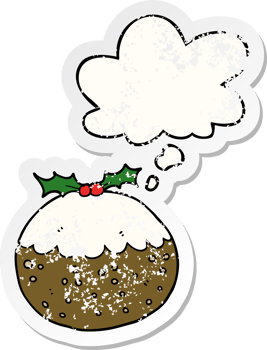 cartoon christmas pudding with thought bubble as a distressed worn sticker png