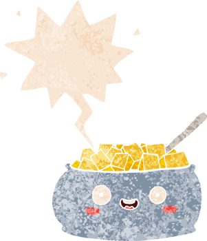 cute cartoon bowl of sugar with speech bubble in grunge distressed retro textured style png