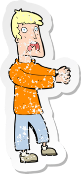 retro distressed sticker of a cartoon terrified man drawing png
