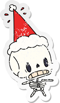 hand drawn christmas distressed sticker cartoon of kawaii skeleton png