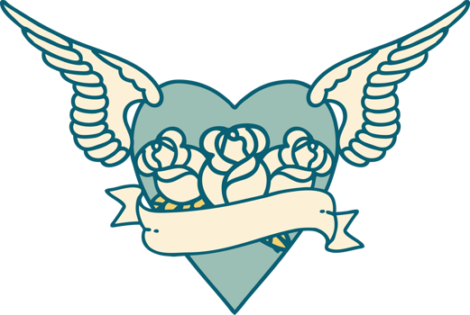 iconic tattoo style image of heart with wings flowers and banner png