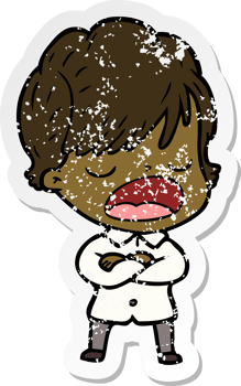 distressed sticker of a cartoon woman talking png
