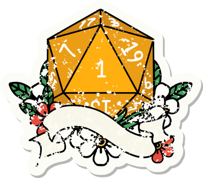 grunge sticker of a natural one d20 dice roll png