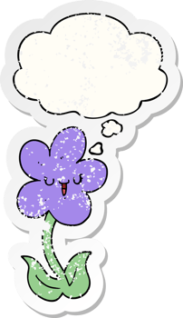 cartoon flower with happy face with thought bubble as a distressed worn sticker png