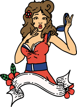 tattoo in traditional style of a pinup suprised girl with banner png