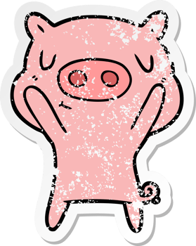 distressed sticker of a cartoon content pig png