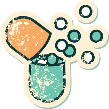 grunge sticker of a burst open medical capsule pill png