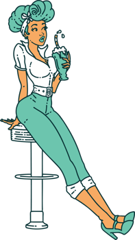 tattoo in traditional style of a pinup girl drinking a milkshake png