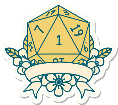 sticker of a natural one d20 dice roll png