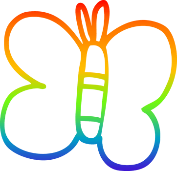 rainbow gradient line drawing of a cartoon butterfly png