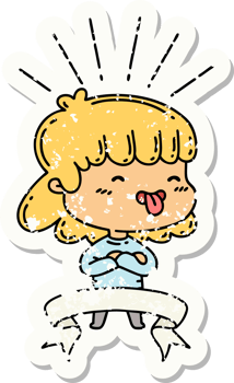 worn old sticker of a tattoo style girl sticking out tongue png
