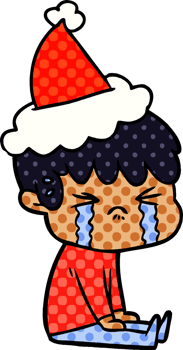 hand drawn comic book style illustration of a boy crying wearing santa hat png