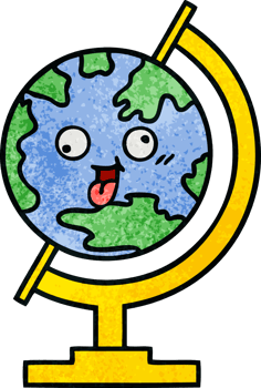 retro grunge texture cartoon of a globe of the world png