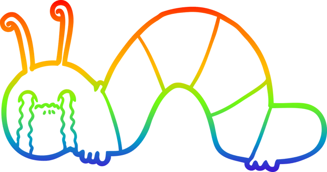 rainbow gradient line drawing of a cartoon caterpillar obsessing over his regrets png